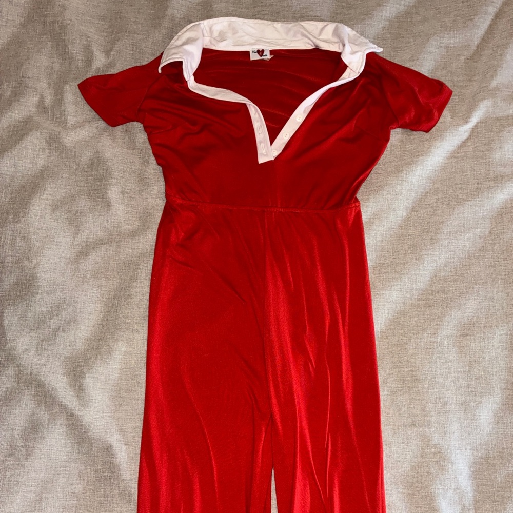 Heart & Heels Red Jumpsuit with White Contrast Collar